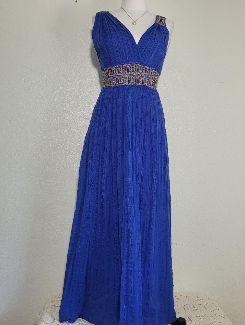 Think Greece Crinkle Cotton Royal Blue V-Neck & Gold Greek Meander Details OS